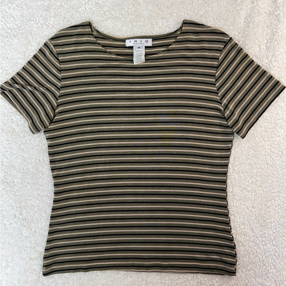 Trio New York Black Olive & Tan Horizontal Striped Scoop Neck Top Size: M - Picture 2 of 5